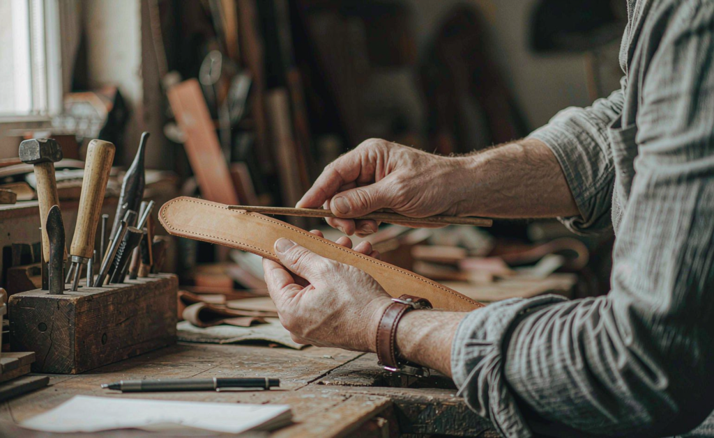 Craftsman burnishing the edge of a vegetable-tanned leather belt at a workbench