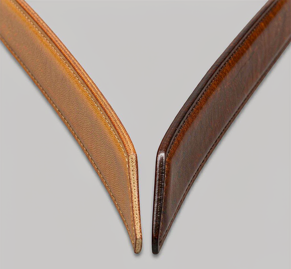 Macro comparison of feathered and beveled edges on vegetable-tanned leather belts