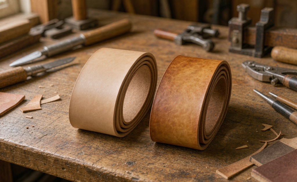 Two leather belt straps side by side on a craftsman's workbench, one chrome-tanned with an even dyed finish and one vegetable-tanned with a natural honey tone