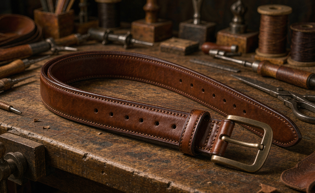Premium leather belt on craftsman workbench showing clean inked edges and dense even stitching