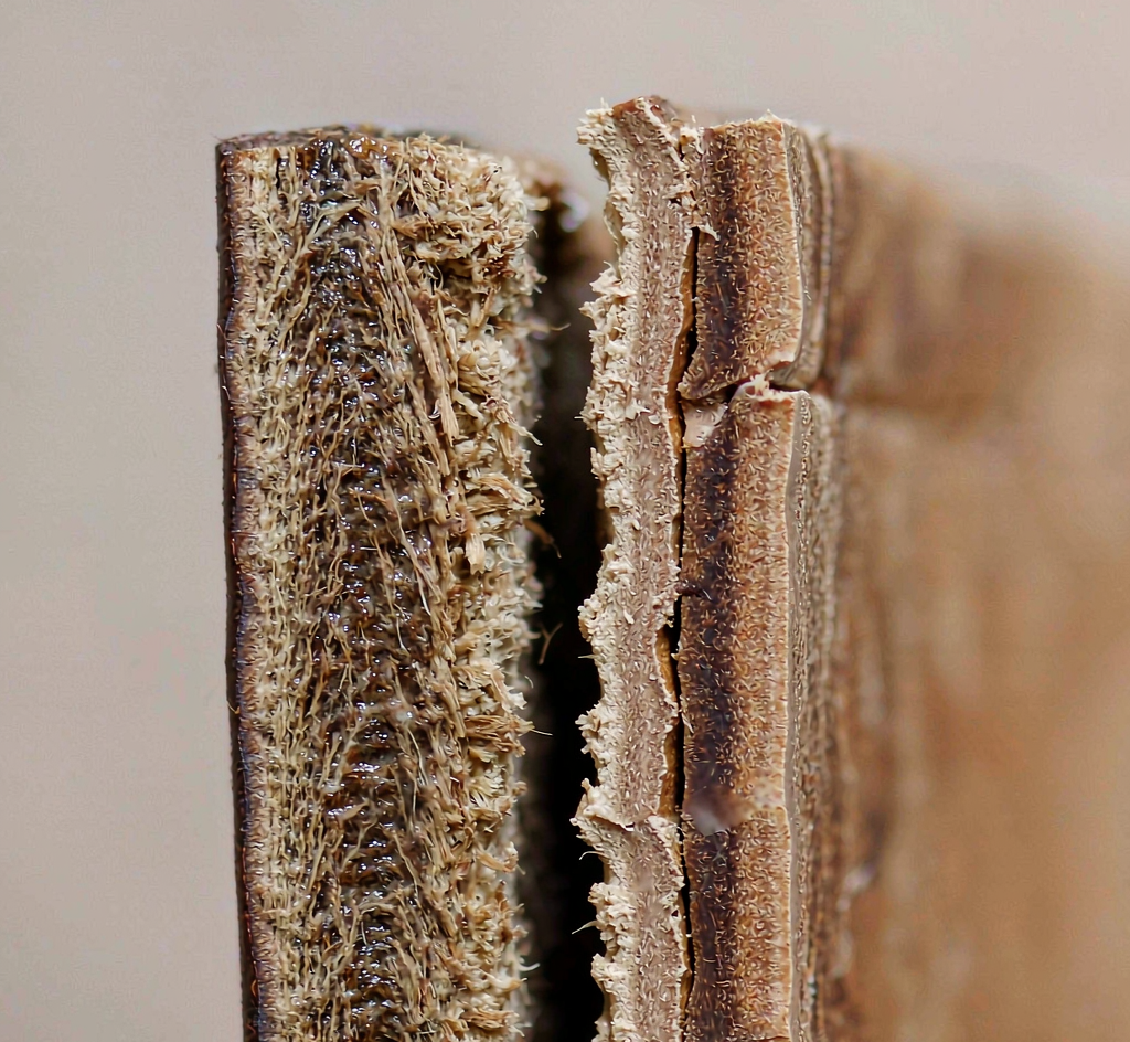 Macro comparison of a freshly cut full-grain leather edge versus a bonded leather belt edge, side by side, showing long continuous fibers on one side and laminated glue layers on the other, no watermark, no logo, no text overlay, no signature