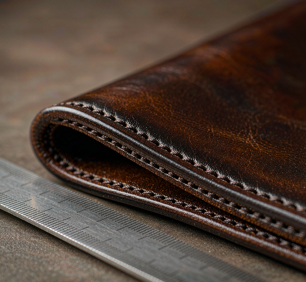 Macro shot of luxury belt edge showing smooth painted edge finish and dense parallel stitch lines measured for stitches per inch